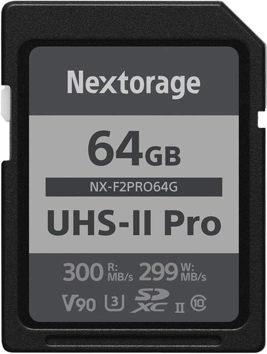 Nextorage 64GB SDXC UHS-II V90 Japanese Brand pSLC Max. Write Speed 299MB/s Max. Read Speed 300MB/s 4K Recording NX-F2PRO64G SD Card Memory for Camera