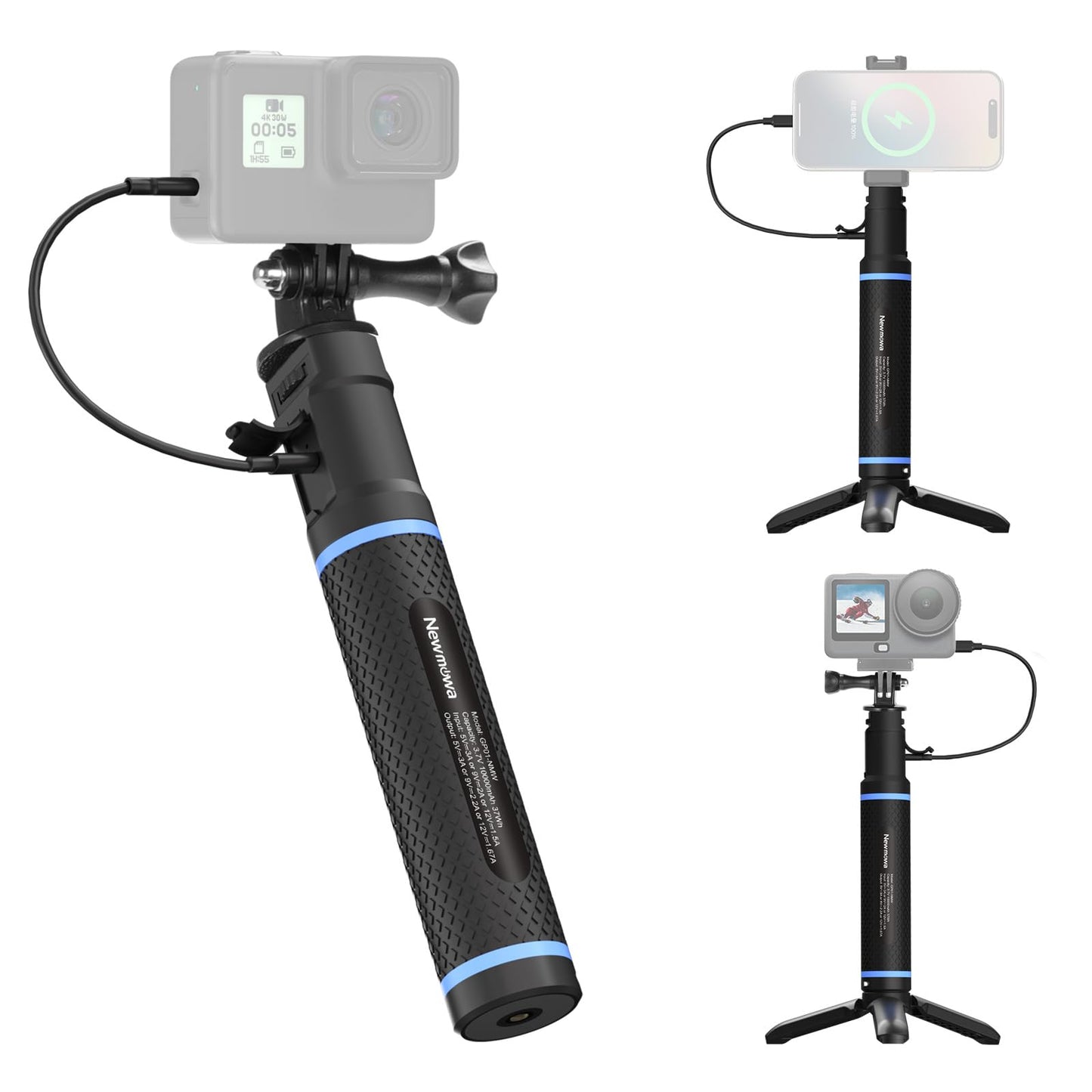Newmowa 10000mAh Power Bank Handle Grip, PD/QC Fast Charging, Portable Tripod Compatible for Phone, GoPro Hero, DJI Action Camera, Insta 360, Digital