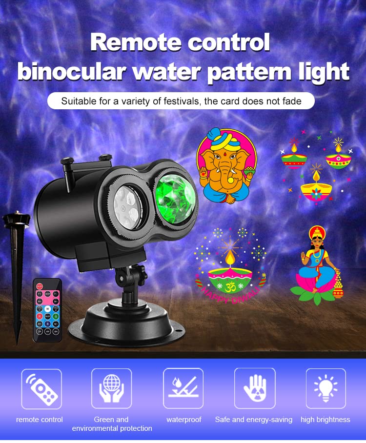 Holiday Halloween Valentine Party Christmas Diwali Projector Light (Indoor, Outdoor, Splashproof IP44), 16 Slides (4 Pictures Each), 10 Wave Effects