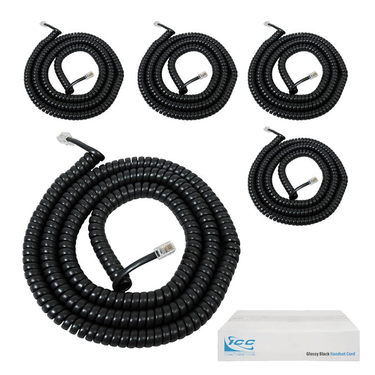 ICC Telephone Handset Cord/Phone Cord, 25 Ft - RJ9 (RJ22) Connectors, Glossy Black, 5-Pack - Curly Coiled Tangle-Free Design for PBX & VoIP Phones