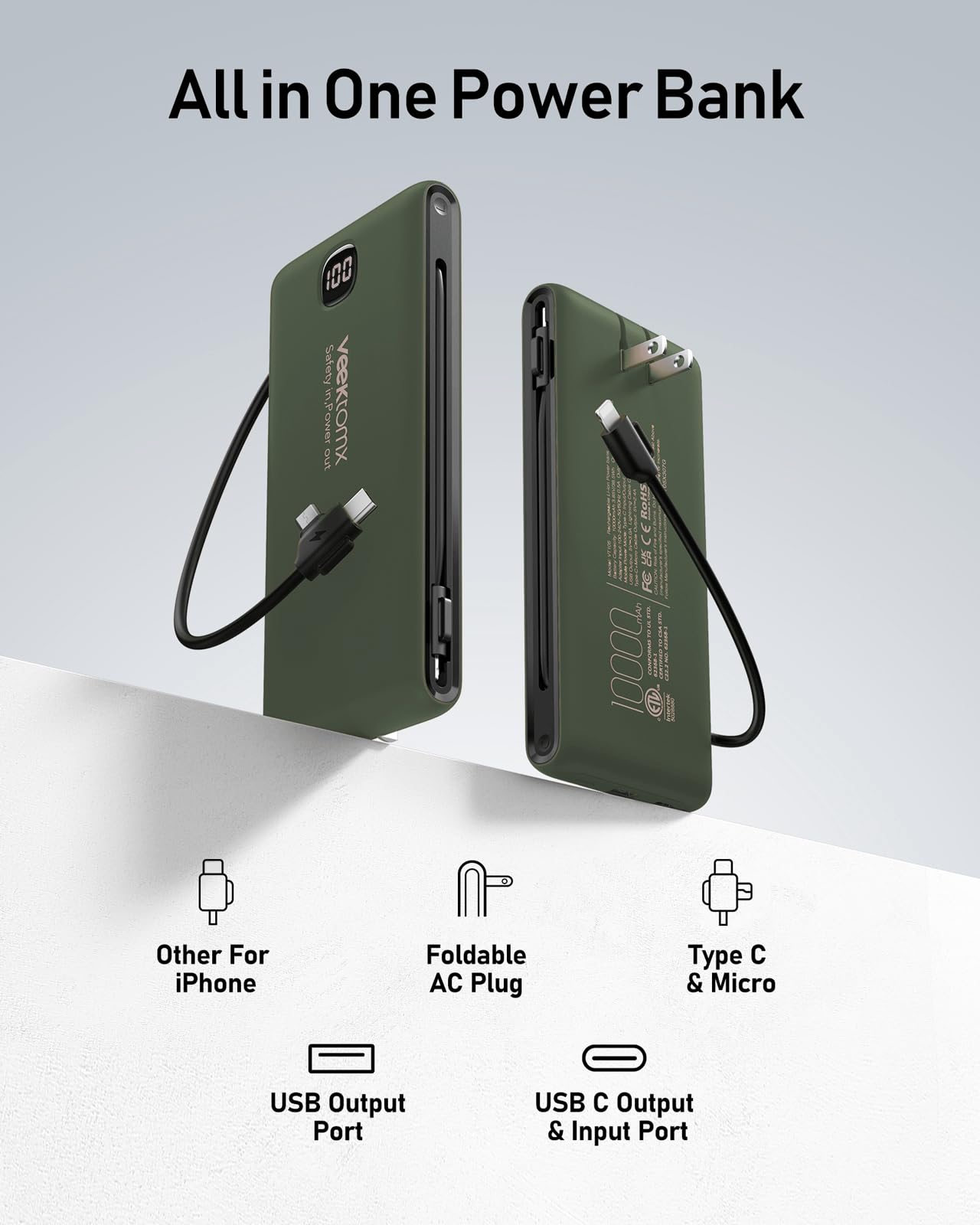 VEEKTOMX 10000mAh Portable Charger with Built-in Cables & Wall Plug