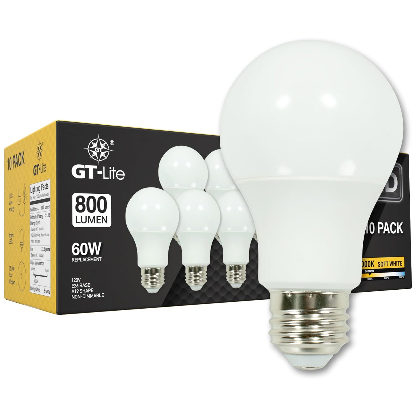 GT-Lite 10 Pack Soft White LED Light Bulbs, 60W Equivalent,9 watts 3000K, A19 Shape, E26 Medium Base,Standard Household Llightbulb for Lamps, Living