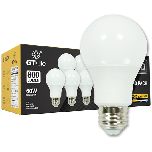 GT-Lite 10 Pack Soft White LED Light Bulbs, 60W Equivalent,9 watts 3000K, A19 Shape, E26 Medium Base,Standard Household Llightbulb for Lamps, Living