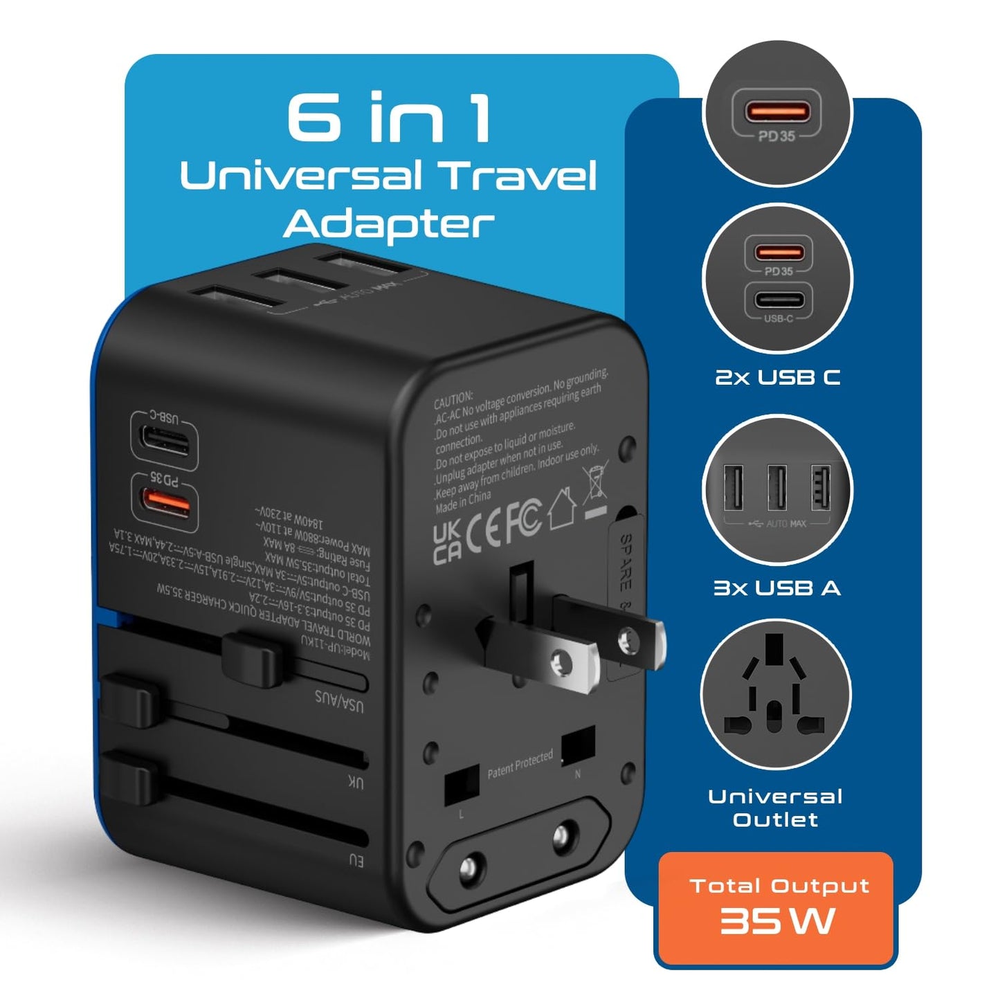Ceptics 35W Universal Travel Adapter – PD & QC 3.0, Dual USB-C, 3 USB Ports, Worldwide Plug for EU/US/UK/AU – Model 11-KU