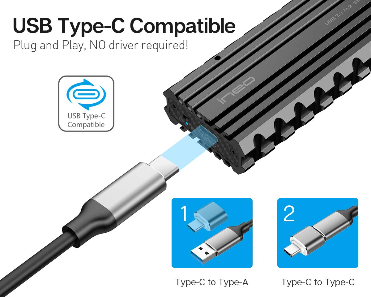 Ineo M.2 NVMe (PCIe) SSD USB10Gbps Type-C Rugged Militarized Enclosure with a Solid Metal Case and Built-in Write Protection Switch (Picatinny Rail