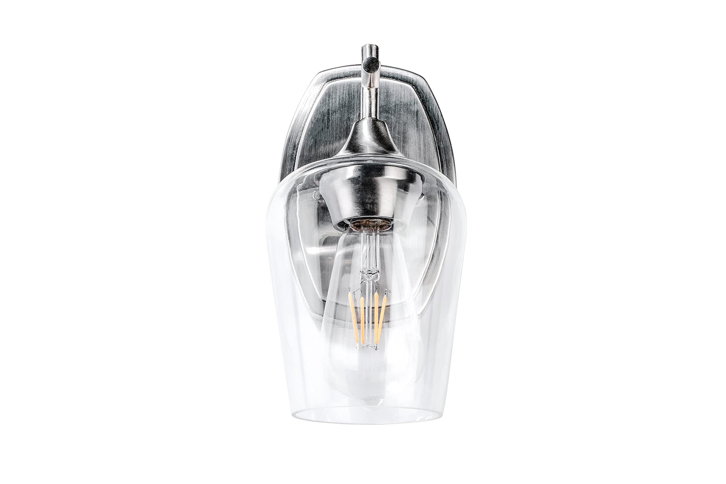 Aspen Creative 62720-09-1, 1 Light Indoor Wall Fixture, 5-1/8" W x 10-1/2" H x 7-1/4" E, Clear Glass w/Satin Nickel Finish, Bulb Not Included