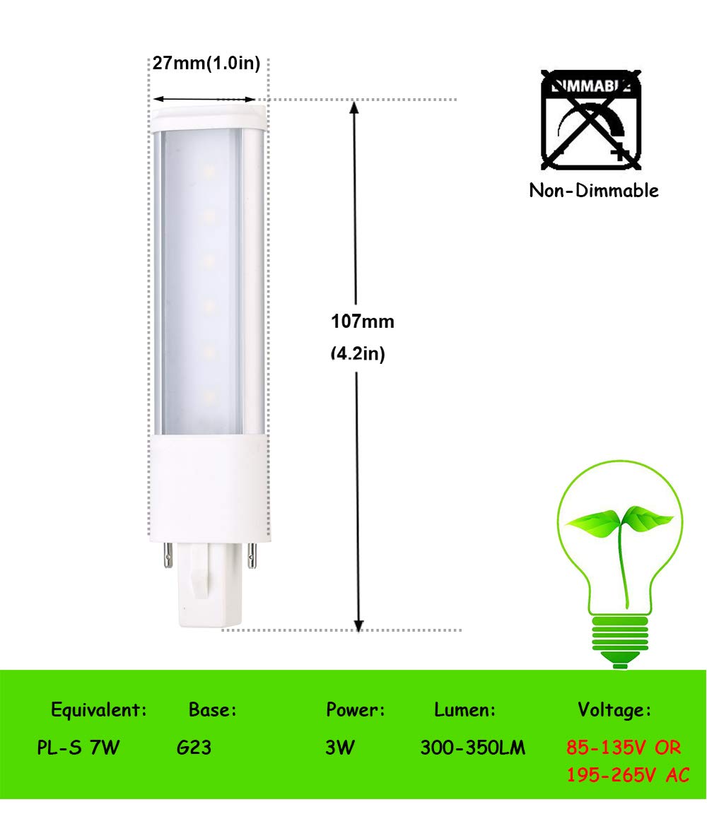 E-Simpo 3W G23 LED Bulb 2-Pin PL Retrofit Lamp CFL 5W 7W Replacement 180° View Angle PL Horizontal Recessed Down Light Bulb 85-135V AC(Need Bypass