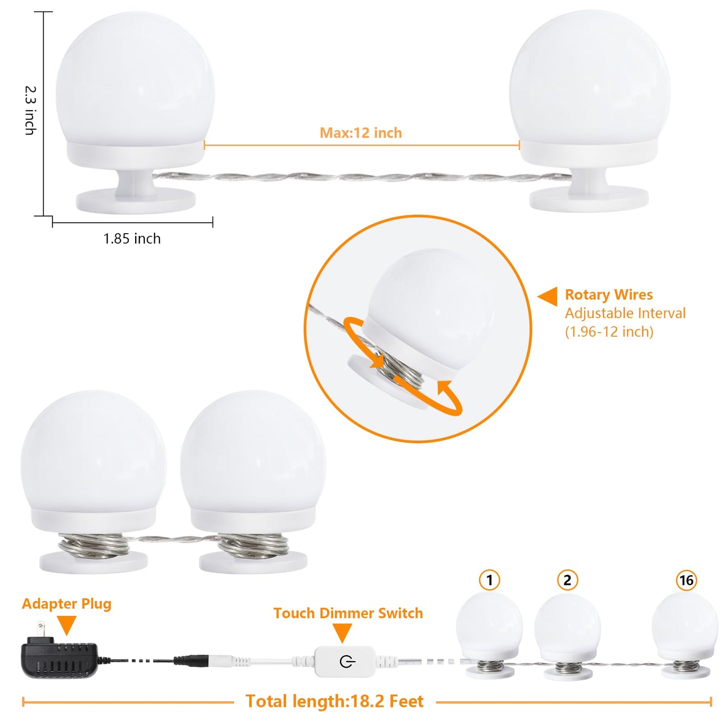 AIBOO Vanity Lights for Mirror, 16 Bulbs Makeup CCT Lighting, Dimmable Brightness & Adjustable Color Temperature, Plug in Stick on for Makeup Dressing