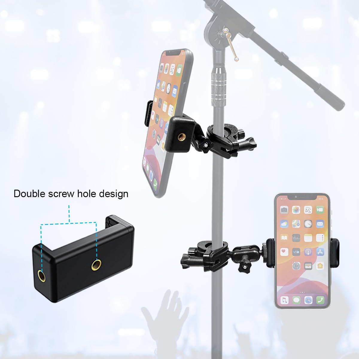 Mic Stand Phone Holder Mount Adjustable Phone Holder for Mic Microphone Music Stand [Dual Ballhead 360°Swivel] iPhone Mic Stand Holder for iPhone 15