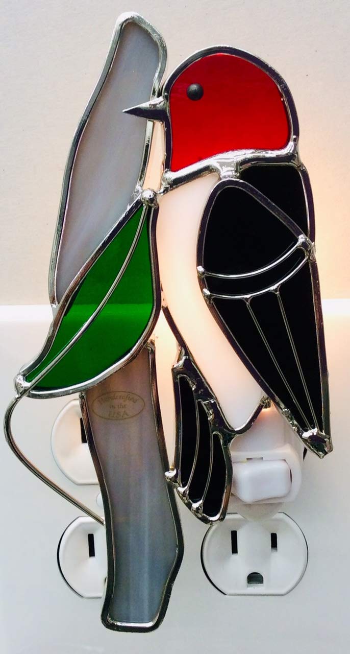 Red-Headed Woodpecker Stained Glass Night Light - Made from Real Stained Glass and Plated with a Silver Finish for Strength and Beauty