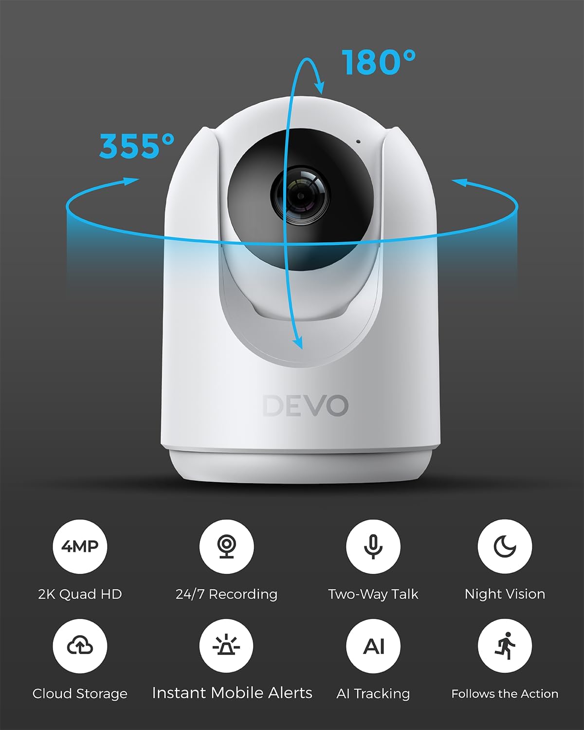 Devo Indoor Smart Cameras for Home Security 2K, 360 Pan-Tilt Human Pet Dog Baby Monitor Camera with Phone App, WiFi Home Camera Motion Detection