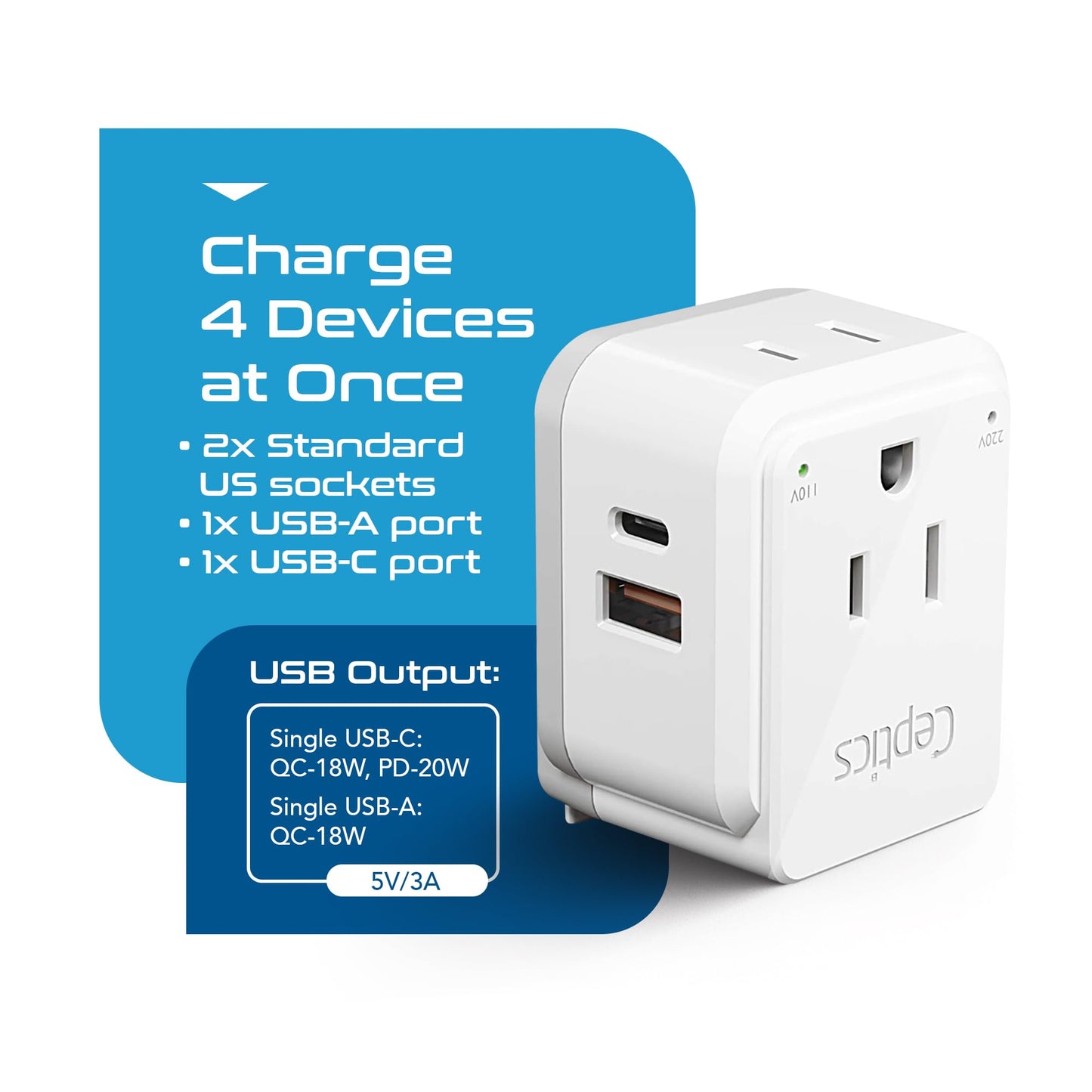 Ceptics Thailand Travel Adapter Set, 20W PD & QC, Type O - 3.1A - 4 in 1-2 USA Inputs, 1 USB Port, 1 USB-C Port - Compact, Powerful - Includes Type O…
