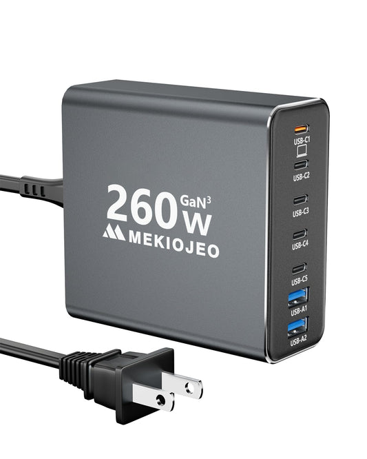 Aluminum Alloy 260W USB C Charger GaN Fast USB C Charging Station 7 Ports 65W Laptop Charger for MacBook Pro/Air/iPad Pro/iPhone (Gray)