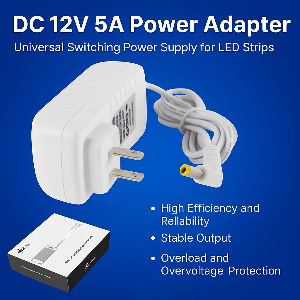 DC 12V 5A Power Adapter - Universal Switching Power Supply for LED Strips, CCTV, and More