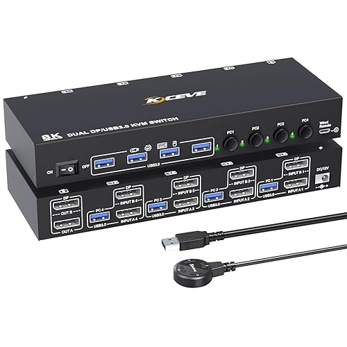 4 Computers KVM Switch, Reyoten DP KVM Support 2 Monitors 8K@60Hz USB 3.0 Switches Share Dual Monitors and 4 USB 3.0 Ports, with DC 12V Adapter &