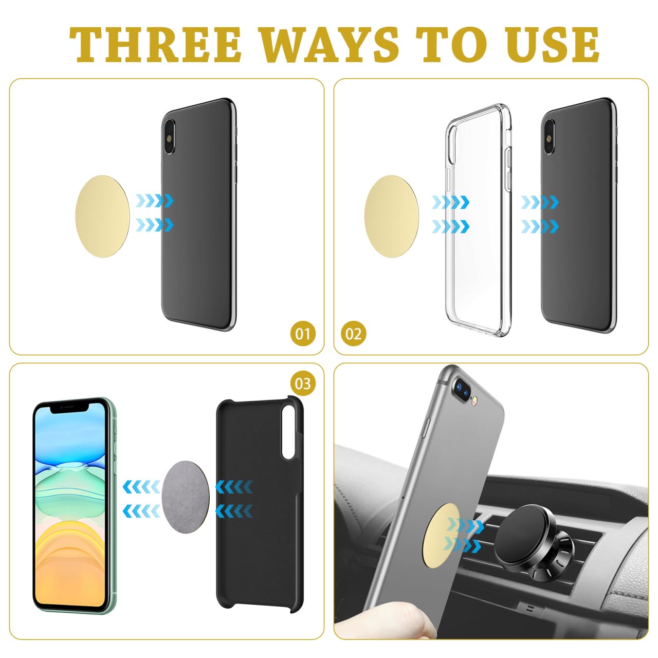 UKCOCO Adhesive Metal Plates, 10 Pack Round Magnetic Metal Plates Car Vehicle Mount Phone Holder Diameter 4cm (Gold)