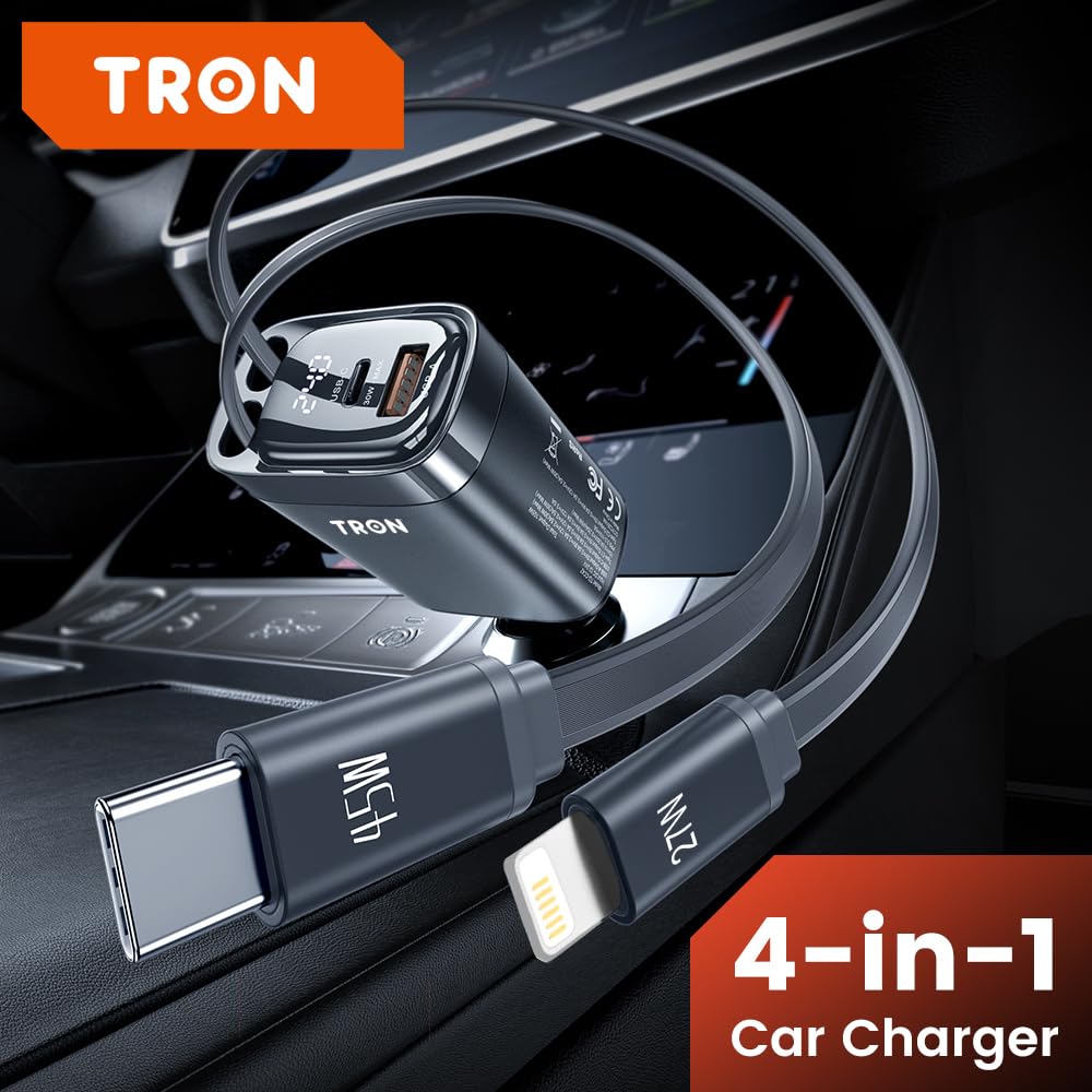 TRON 105W 4-in-1 Retractable Car Charger, Aluminum Alloy USB-C & Lighting Car Adapter with Smart Digital Display, Fast Charging for iPhone