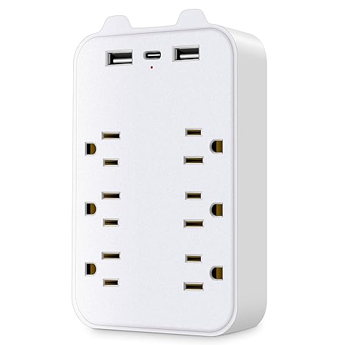 Basics 6 Outlet Extender Splitter with 3 USB Wall Charger(2 USB-C Ports), Multi Plug Outlet Power Strip for Home Ports 2.4A, Dorm Room Essentials