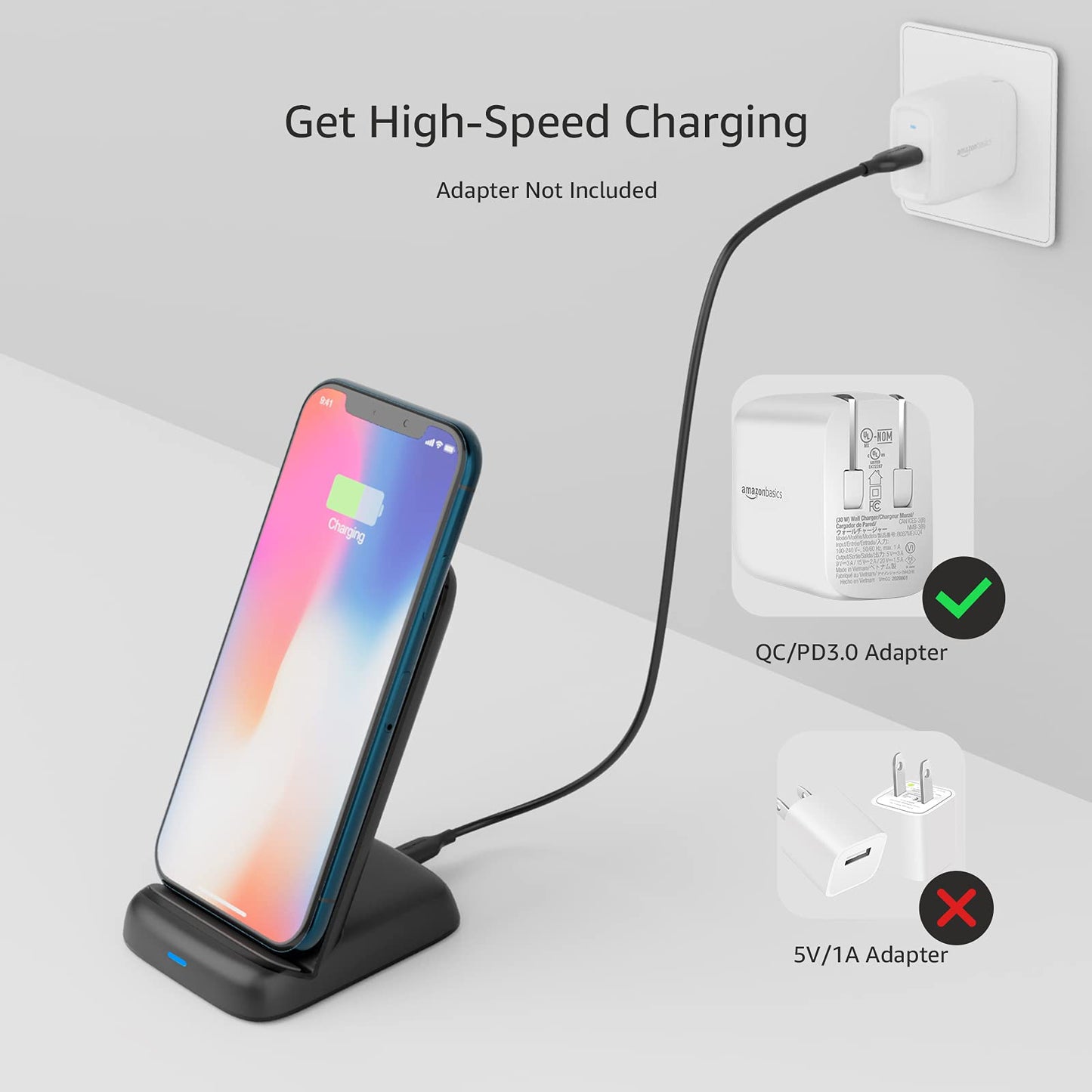Amazon Basics Wireless Phone Charger Stand, 10W Qi Certified with USB Cable, Compatible with iPhone 16/15/14/13/12/11/X, Samsung & More, with USB