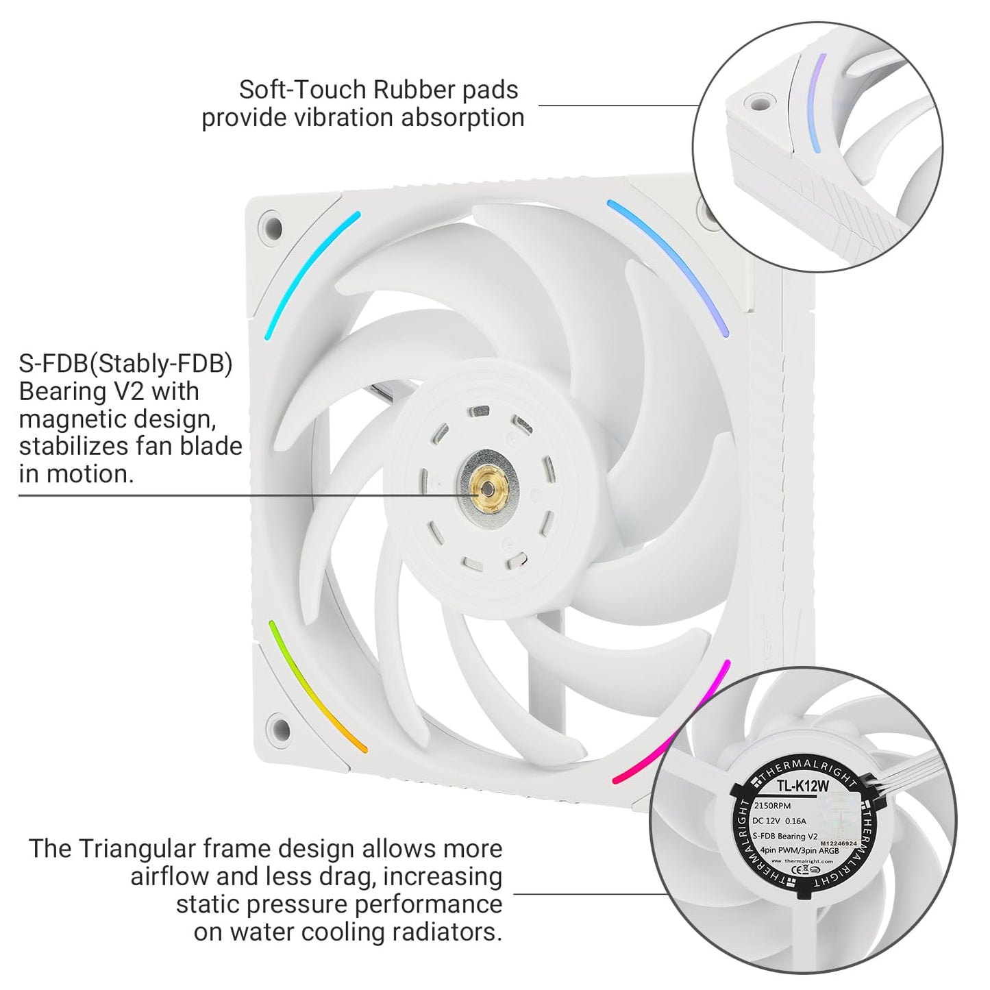 Thermalright TL-K12W 120mm CPU Cooler Fan, Computer Case Cooling, 4PIN PWM Control, 2150RPM Speed, PC Performance Fan for S-FDB Bearing,Wind Pressure