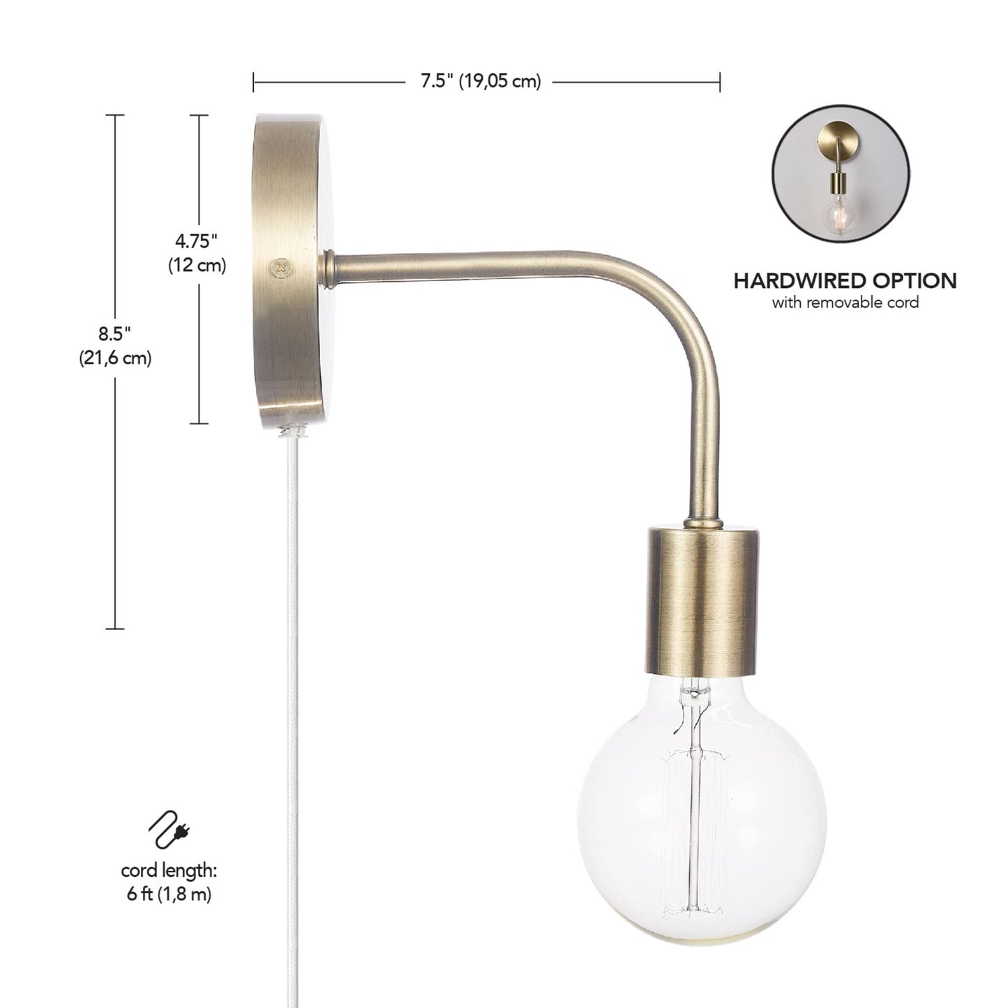 Globe Electric 52111 Holden 1-Light Long Arm Plug-in or Hardwire Wall Sconce, Matte Brass, Bulb Not Included