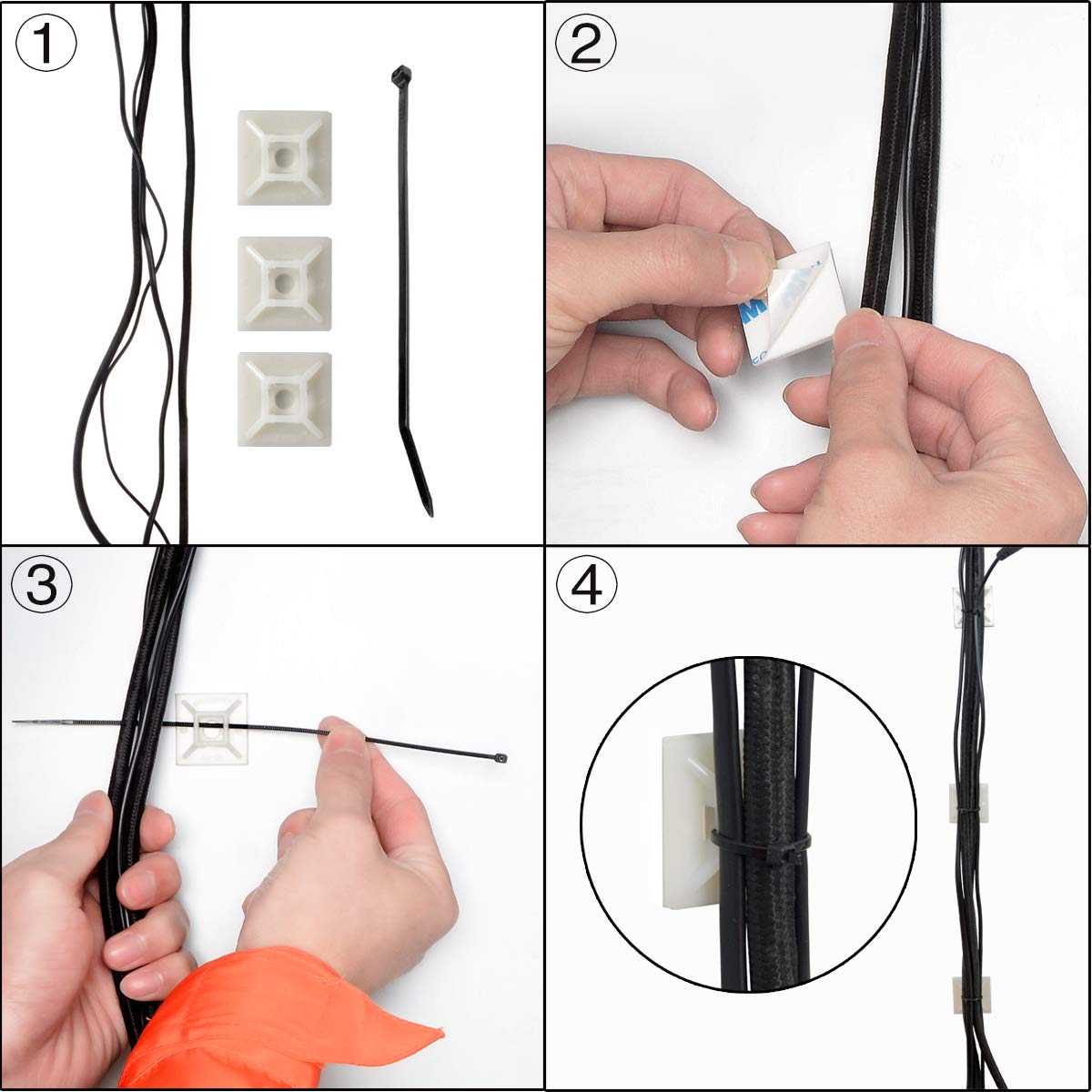 XHF 200 PCS 1/2" Black Self Adhesive Cable Zip Tie Mounts Wire Cable Clips Holders Management Anchors Organizer Holders Squares(HS-100)