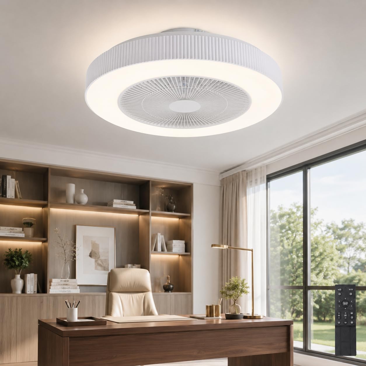 LED Bladeless Ceiling Fan with Light, 20 Inch Low Profile Flush Mount, Remote Control 6-Speed Silent Reversible Motor, 3000LM Dimmable 3-Color Temp