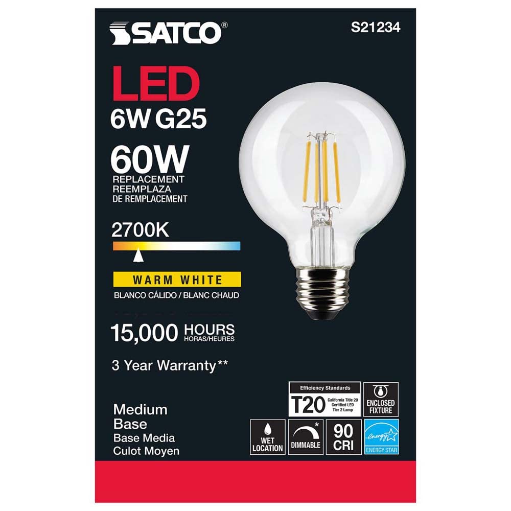 Satco S21234 6 Watt LED G25 Clear Globe Filament Light Bulb 2700K Warm White Dimmable E26 Medium Base Wet Location 120V - 6 Pack