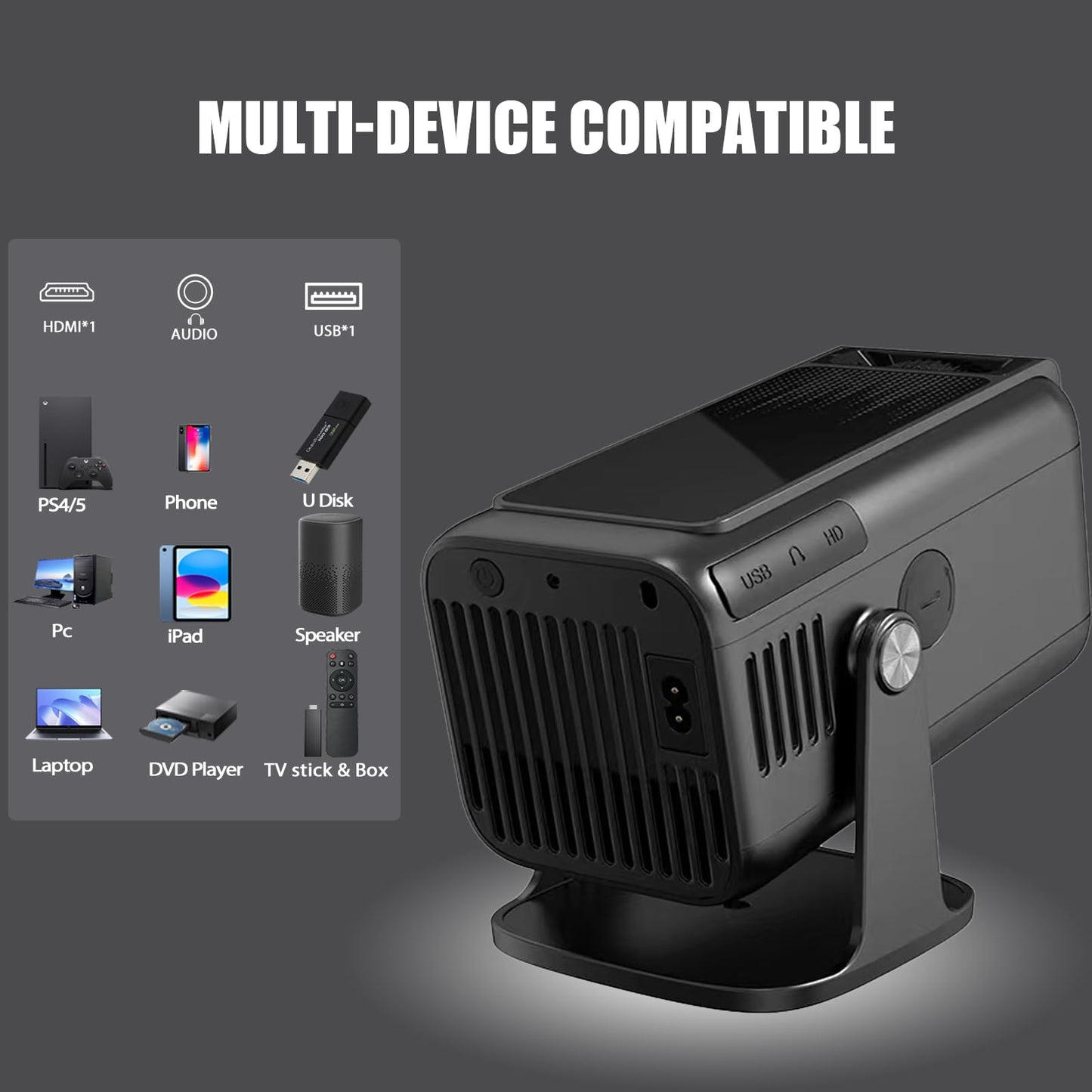 Pryznal Smart WiFi Projector 4K 1080P Home Theater, 450 ANSI, Auto Keystone, 270° Rotation, Built-in Apps and Speaker, Bluetooth Projector