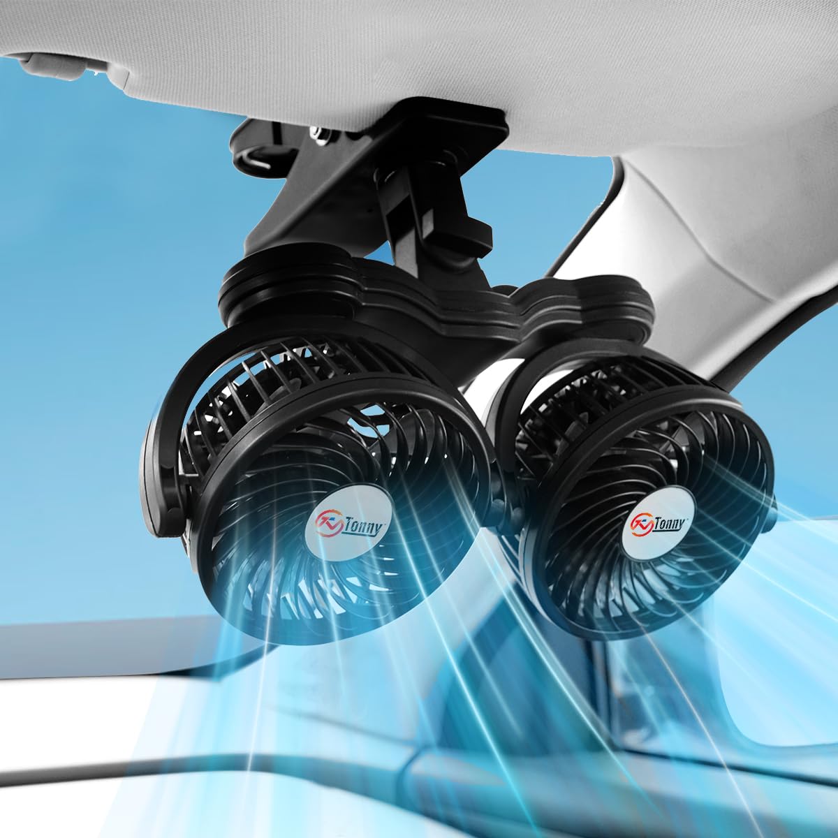 TN TONNY Brushless Motor Dual Head Clip On Fan,with DC 12V and AC 110V Power Adapter in Car and Home Use, 7 Blades Air Cooling Dual Head Fan