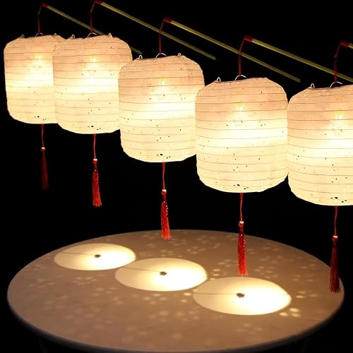 Huanyuedouer 5PCS Paper Lanterns White with LED Lights,Cute 6 Inch Lantern Colorful Hanging Paper Lanterns Lamp for Lunar New Year Spring Ceremony