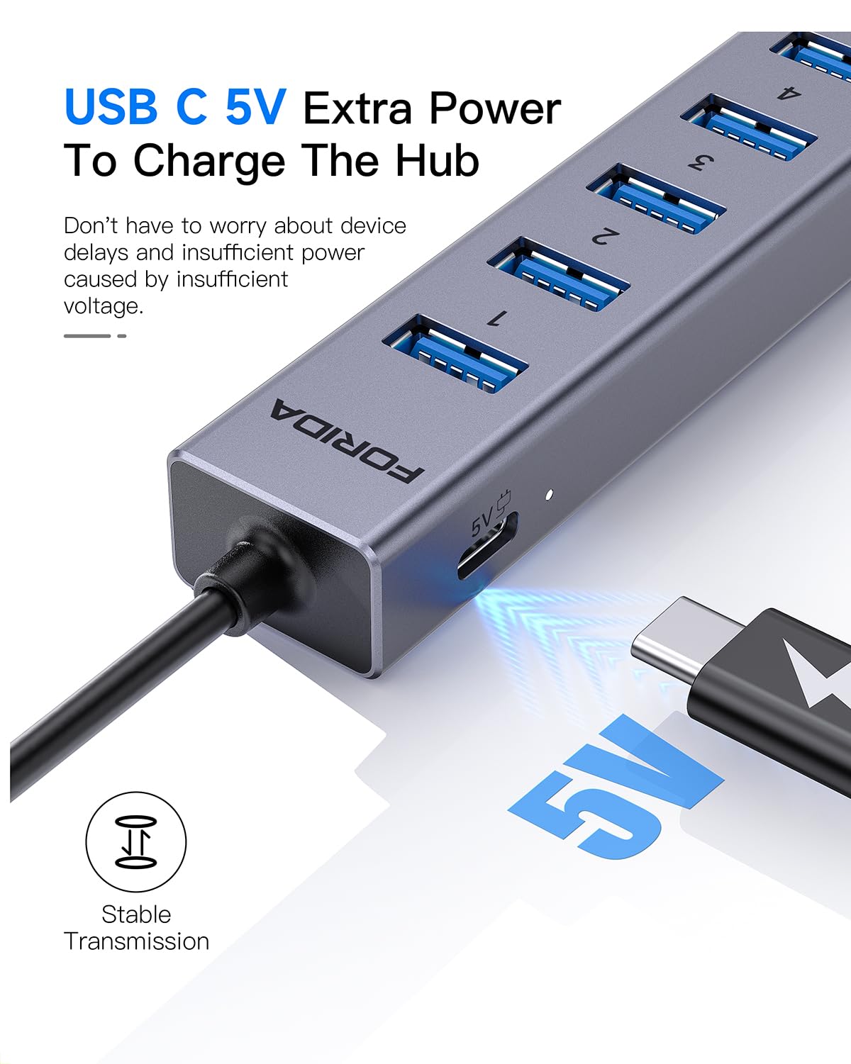 FORIDA Aluminum USB to Ethernet Adapter with 7-Port USB Hub - 3.9ft Long Cable, Gigabit Ethernet Port, 5V/3A Power Port | USB Extender Compatible