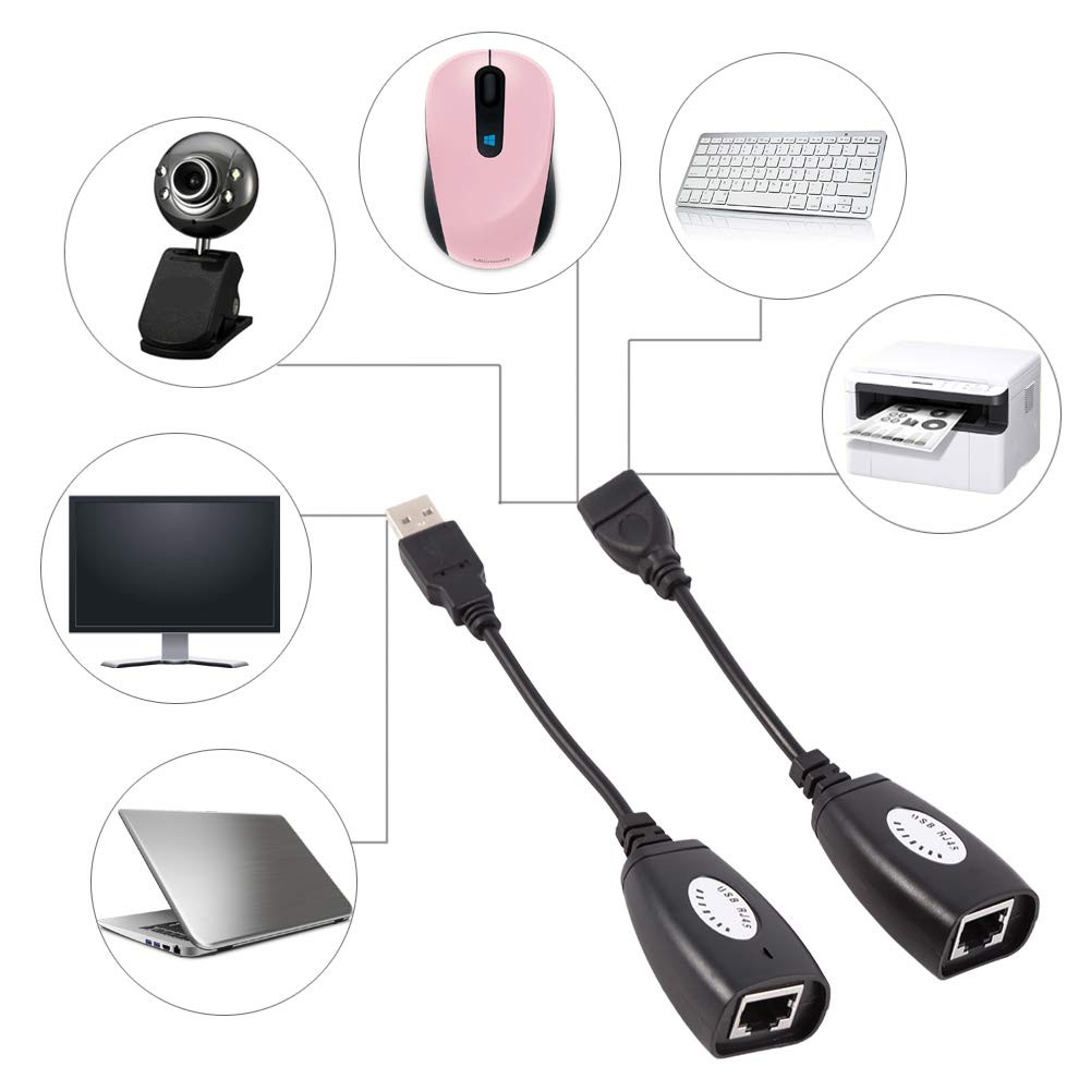 ASHATA USB 2.0 to RJ45 Ethernet Extension Adapter, Up to 150ft, Ideal for USB Cameras, Printers, Web Cameras, Keyboard, Mouse Extensions