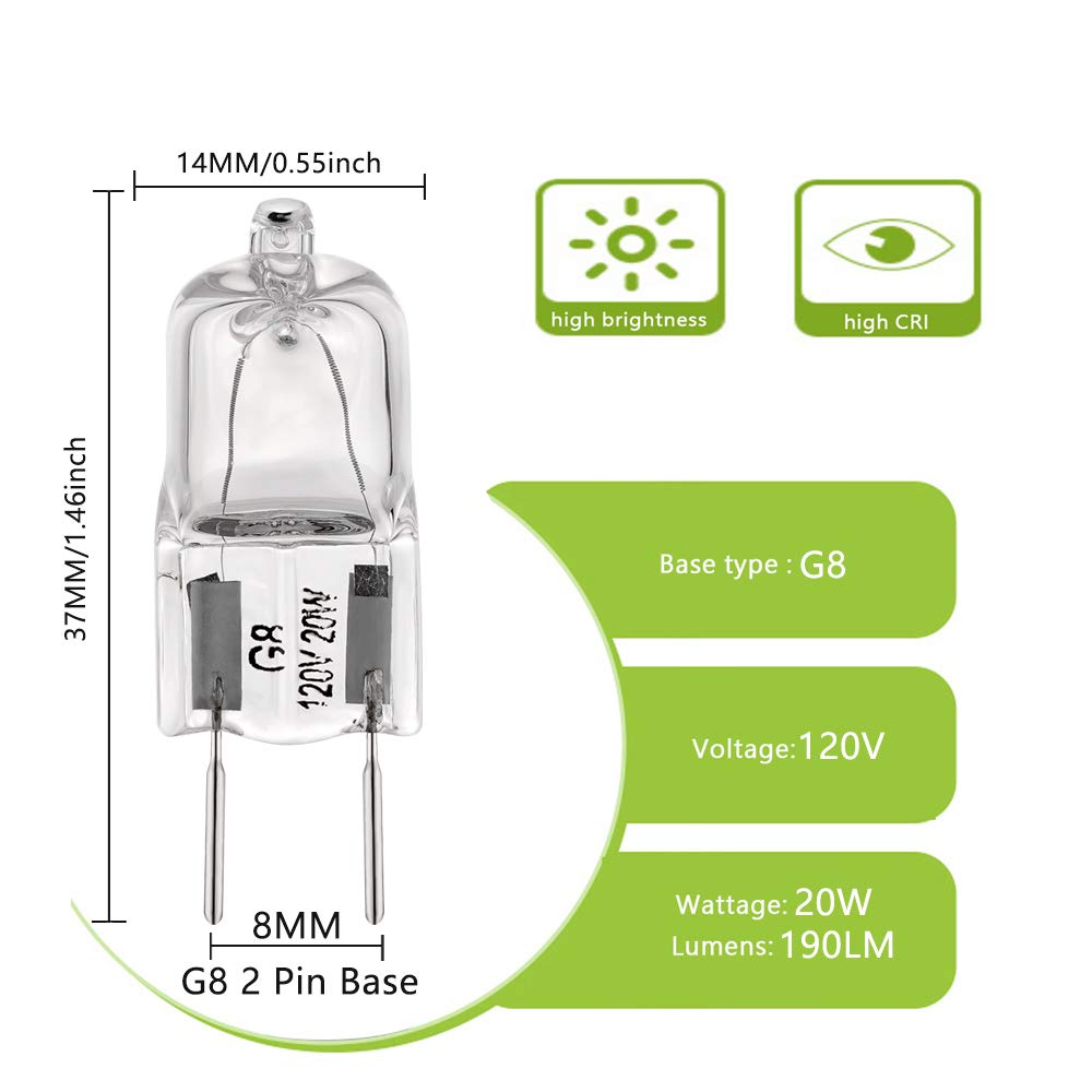 BOGAO G8 Light Bulbs 20Watt 120Volt Halogen Light Bulb G8 Base Bi-Pin Shorter 1-3/8" (1.38") Length 20W T4 JCD Warm White Under Cabinet Puck Lighting