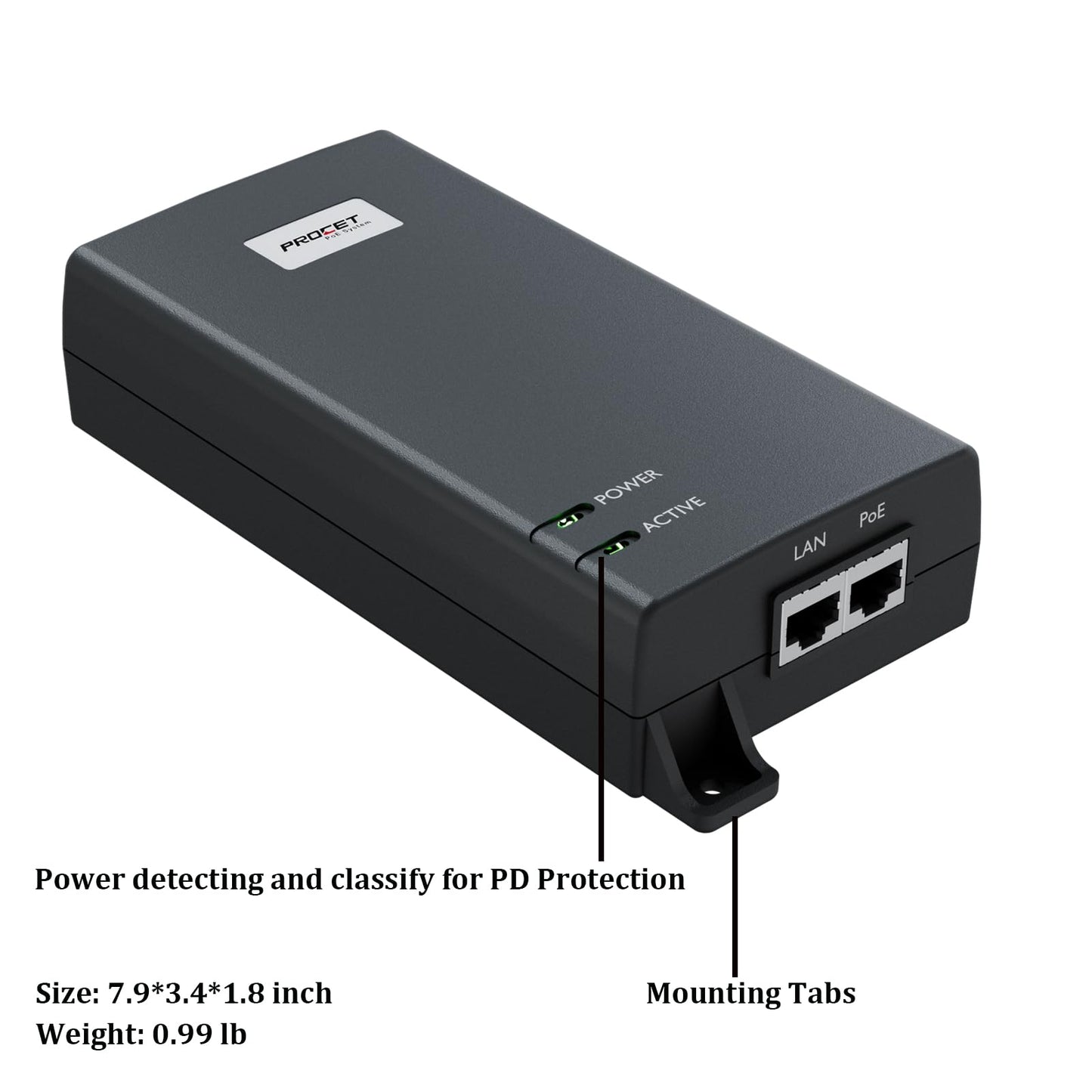 PROCET Gigabit PoE Injector 60W PoE++ Power Supply Injector 802.3af/at Standard Compliance, 6KV Surge Protection for UniFi U6 Enterprise, Door Hub, U7