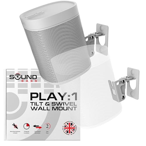 Sound Bass Play 1 Wall Mount, White, Pair, Compatible with Sonos Play:1 Only, Twin Pack, Adjustable Swivel & Tilt Mechanism, 2 Mounting Brackets