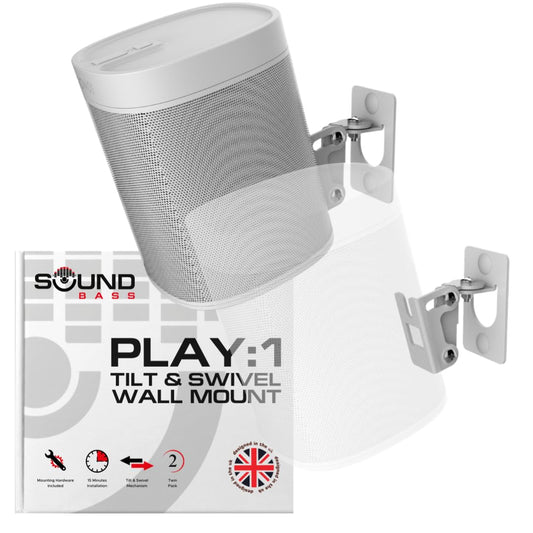 Sound Bass Play 1 Wall Mount, White, Pair, Compatible with Sonos Play:1 Only, Twin Pack, Adjustable Swivel & Tilt Mechanism, 2 Mounting Brackets
