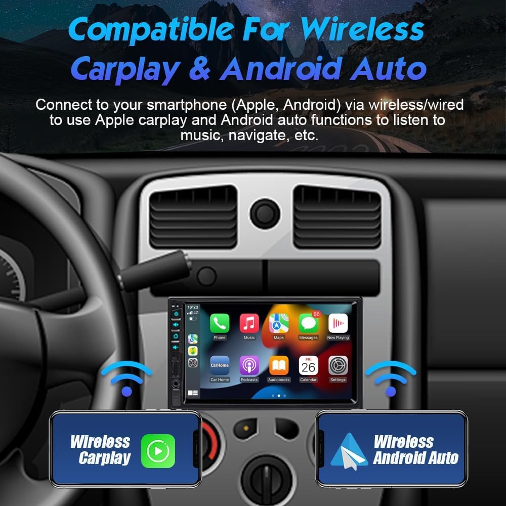 7 inch Double Din Car Stereo for Wireless Carplay & Android Auto with Voice Control,Bluetooth5.2 MirrorLink, Car Radio with Backup Camera,Touch Screen