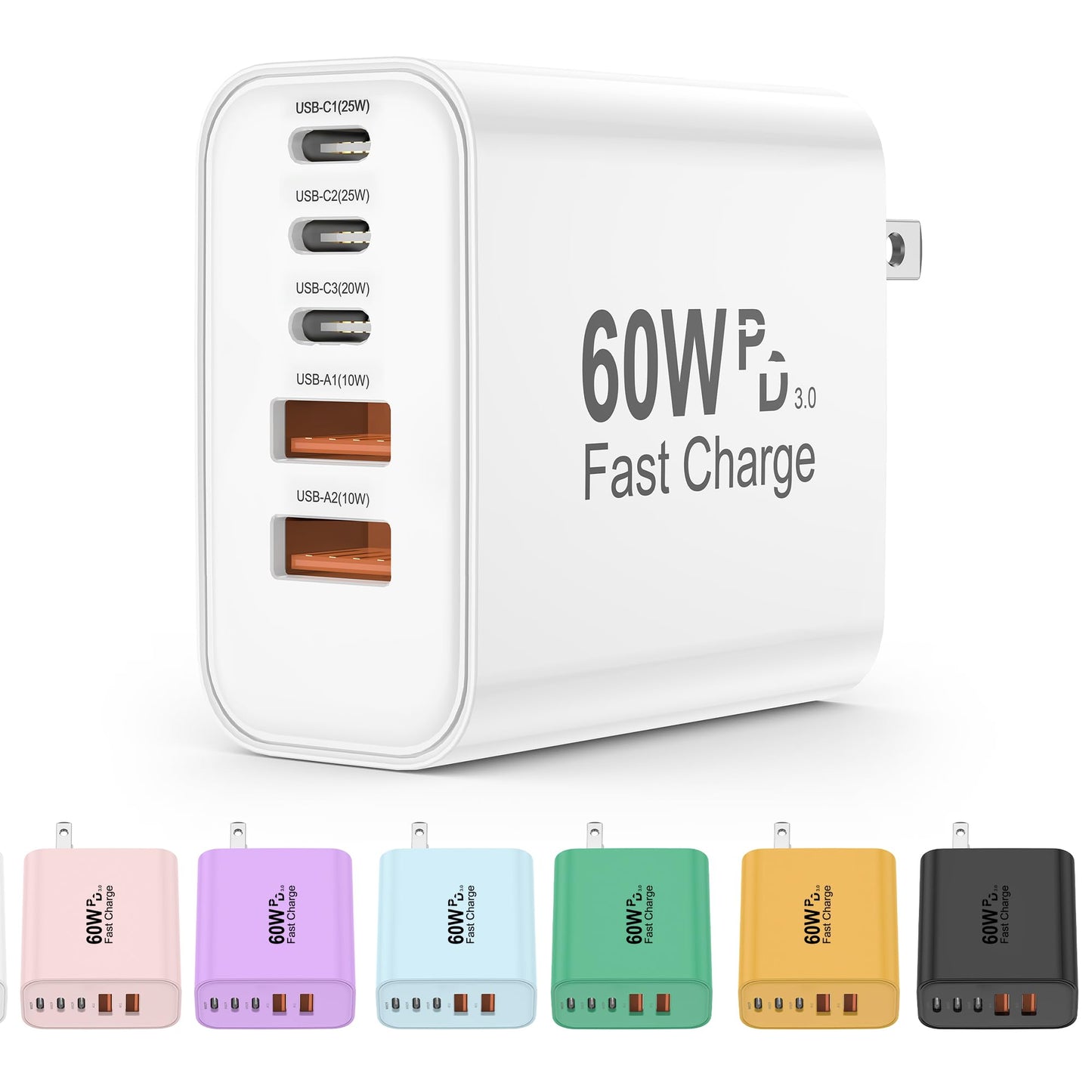 USB C Charger Block, 5 in 1 60W Charging Blocks, PD 3.0 25W Single Max Fast Charger, QC 2A USB Wall Charger for iPhone 17 16 15 14 13 12 Pro Max