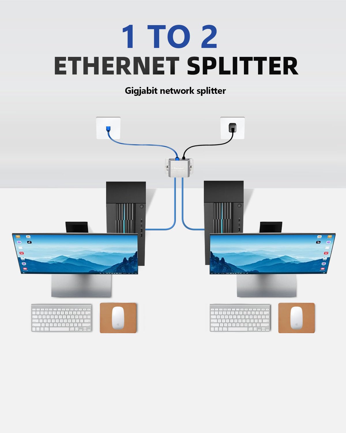 ethernet Splitter 1 to 2 ethernet hub 2 Port,RJ45 Cable Splitter fixable RJ45 Internet Switch Internet Splitter, 1000Mbps for Cat 5/5e/6/7/8 Cable,Can