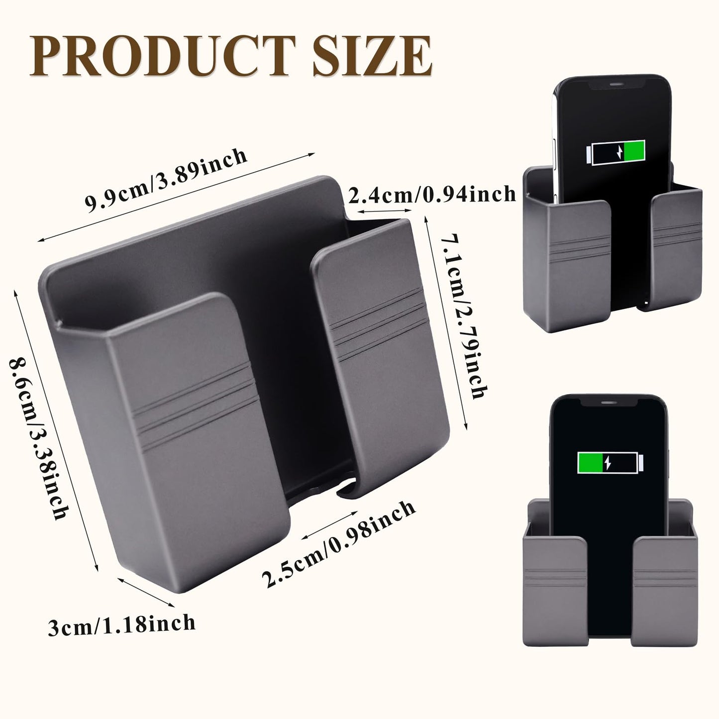 GrliTra 2 Pcs Wall Mount Phone Holder with 3M Adhesive Phone Stand with Data Cable Receiving Hole, Charger Remote Control Storage Box for Bedroom