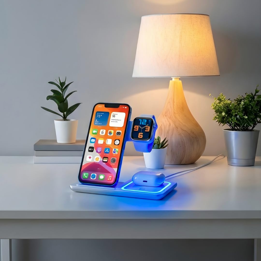 15W Foldable Travel Wireless Fast Charger for Apple | Charging Station 3 in 1 Charging for iPhone17 16 16E 15 14 13 12, Apple Watch 11 10 9 8 7 6 5 4