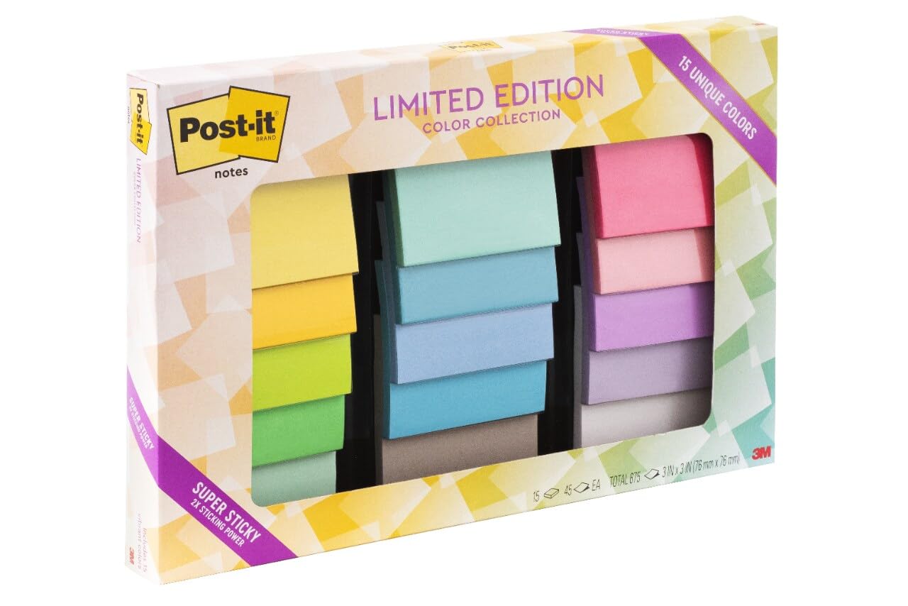 Post-it Super Sticky Notes, 3 x 3 in, Assorted Brights, 15 Pads