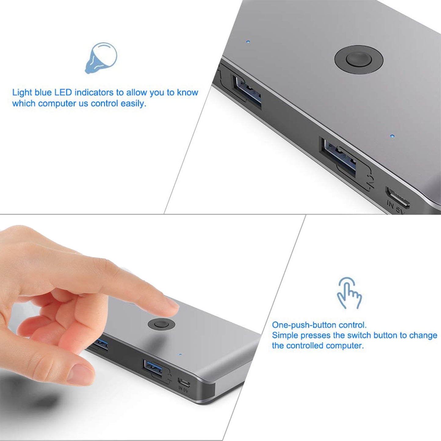 Opluz USB 3.0 KVM Switch Selector 2 Computers Share 4 USB 3.0 Ports Switcher USB for Keyboard Mouse Printer Scanner PC Laptop One Button Switch