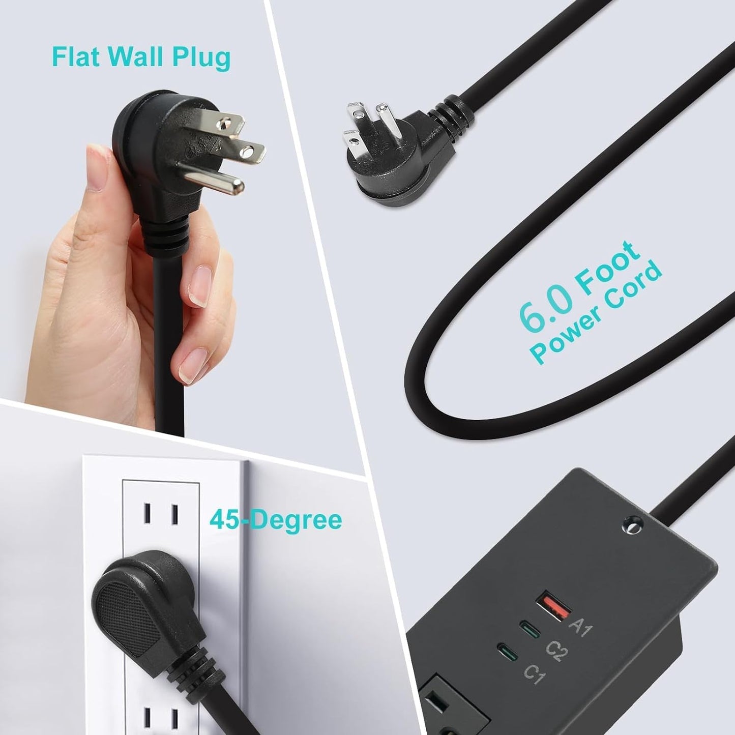 45W Recessed Power Strip USB C, Flush Mount Desk Extender 3 AC Outlets 2 PD USB-C&1 Fast Charge USB-A Ports,Flat Plug Extension Cord for Drawer