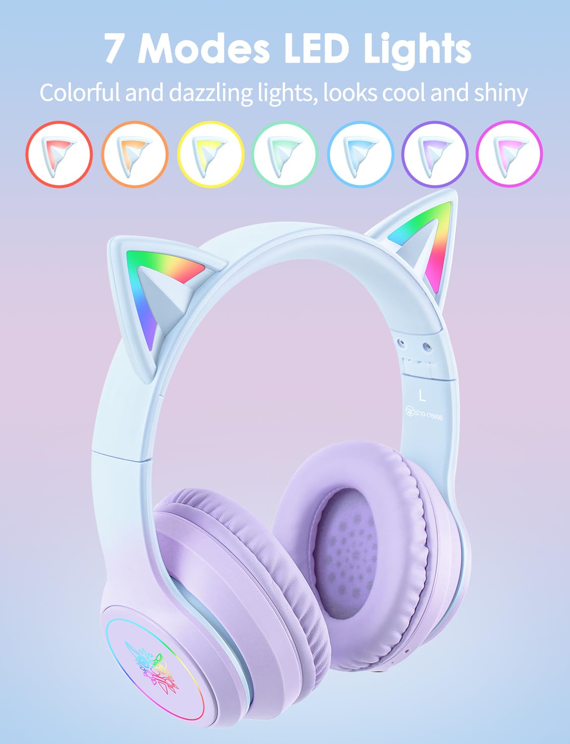 ONITOON Cat Ear Bluetooth Headphones with Micphone for Kids & Adults, LED Light Up Wireless HI-FI Sound Quality, Over-Ear Headphones with Volume