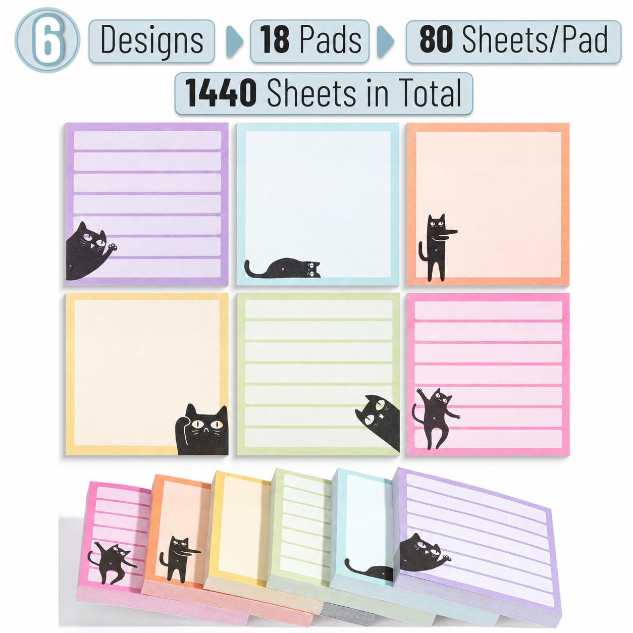 Mr. Pen- Black Cat Sticky Notes Set, 3" x 3", 18 Pads, 1440 Sheets