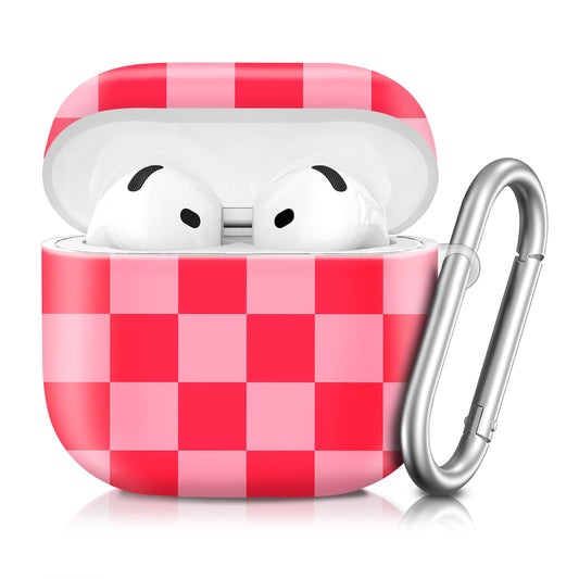 Compatible with AirPod 4th Generation 2024 Case, Shockproof Anti-Drop Protective Cover, Cute Case for Women Men with Keychain(Pink Red Plaid)