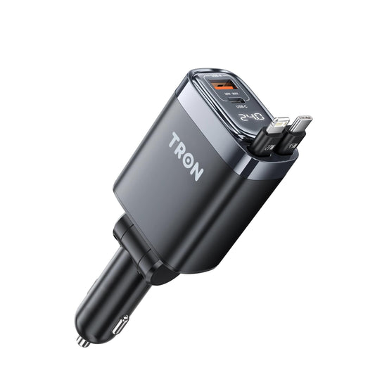 TRON 105W 4-in-1 Retractable Car Charger, Aluminum Alloy USB-C & Lighting Car Adapter with Smart Digital Display, Fast Charging for iPhone