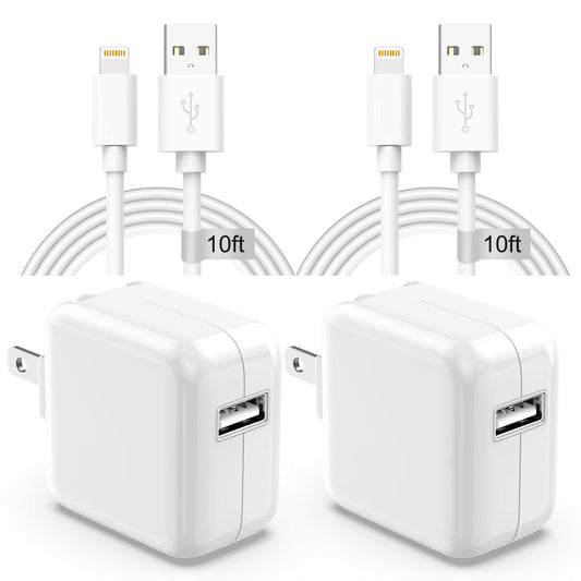 Apple iPad Charger Wall Charger and Cord 10 ft 2Set,12W iPad Fast Charging Block and Cord 10 ft Apple Certified Lightning Cable for iPad 7th 8th 9th